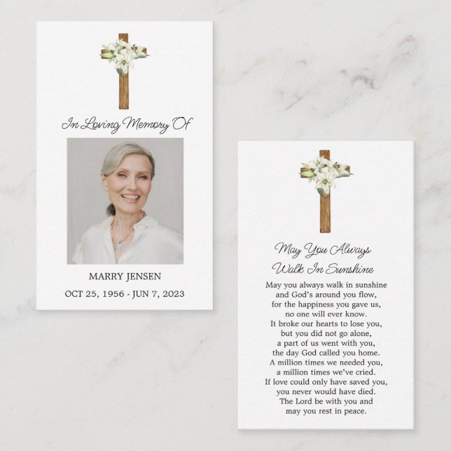 Lily Cross Memorial Photo Funeral Prayer Card (Front/Back)