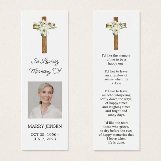 Lily Cross Photo Funeral Memorial Bookmark (Front & Back)