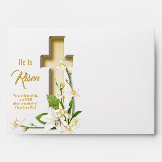 Lily Cross Scripture Easter He Is Risen Envelope (Front)