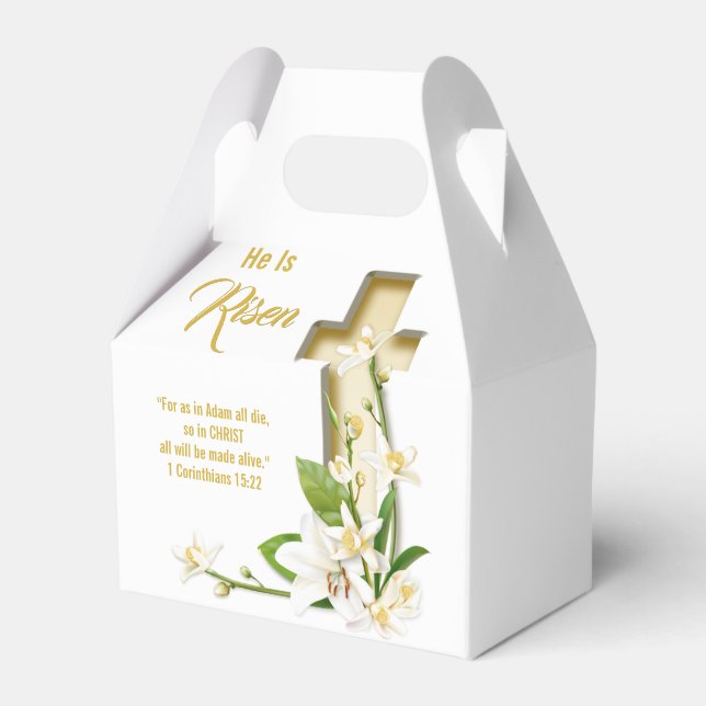 Lily Cross Scripture Easter He Is Risen Favor Boxes (Front Side)