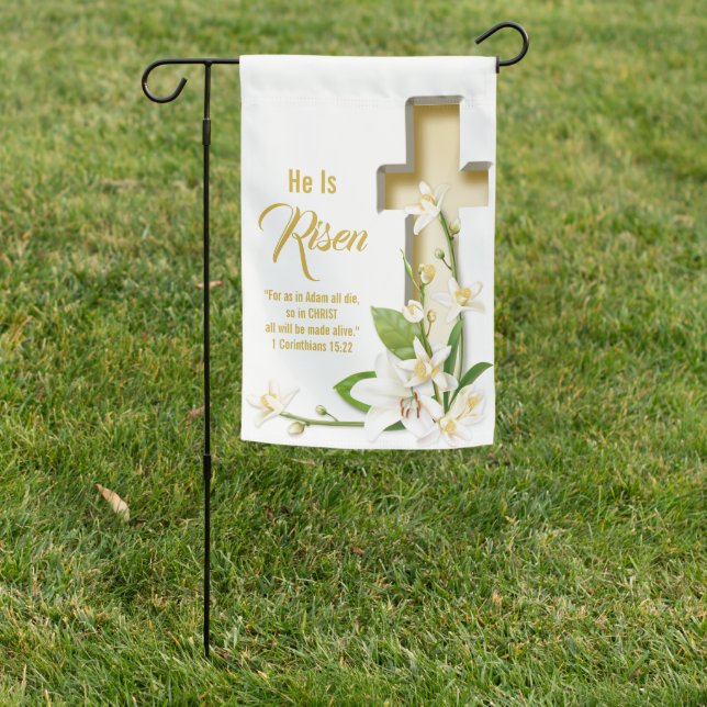 Lily Cross Scripture Easter He Is Risen Garden Flag (In SItu)
