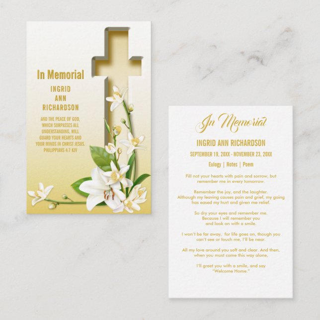 Lily Cross Scripture Funeral Memorial Business Card (Front/Back)