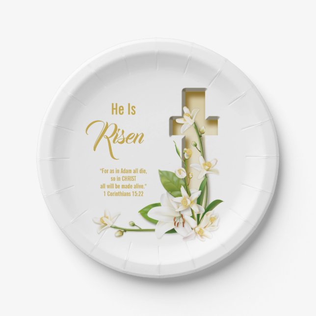 Lily Cross Scripture He Is Risen Paper Plates (Front)