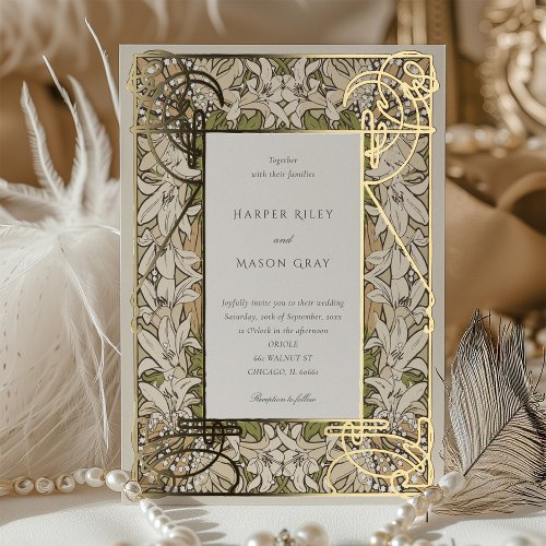 Lily Elegance Bloom Art Nouveau Foil Wedding Foil Invitation
