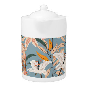 Lily Floral Blue Vintage Print Teapot