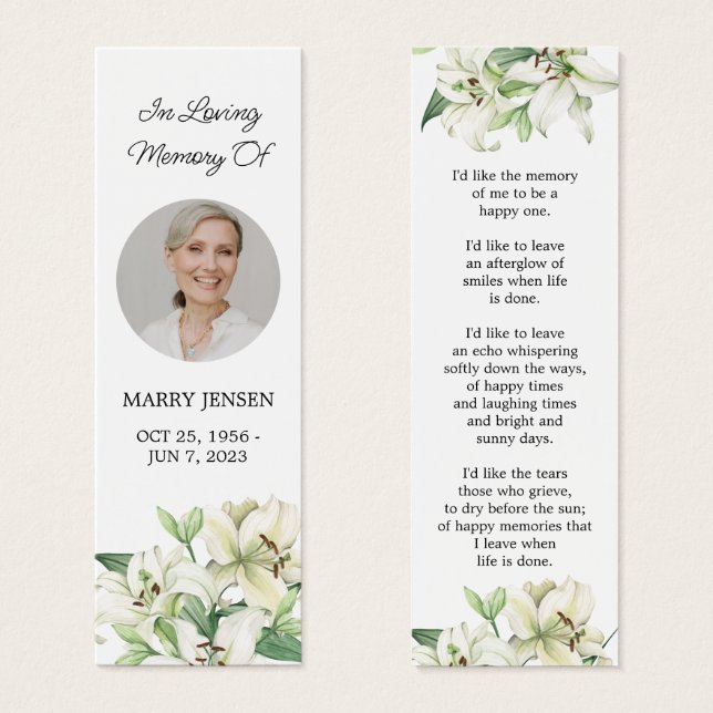 Lily Floral Photo Funeral Memorial Bookmark (Front & Back)
