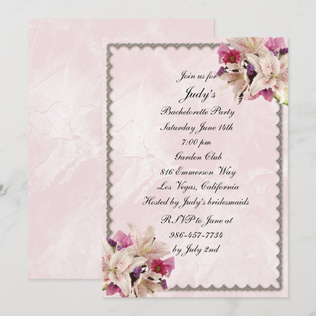 Lily Floral Pink Marble Wedding Bachelorette Party Invitation (Front/Back)