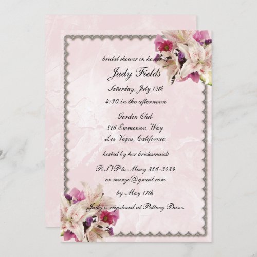 Lily Floral Pink Marble Wedding Bridal Shower Invitation