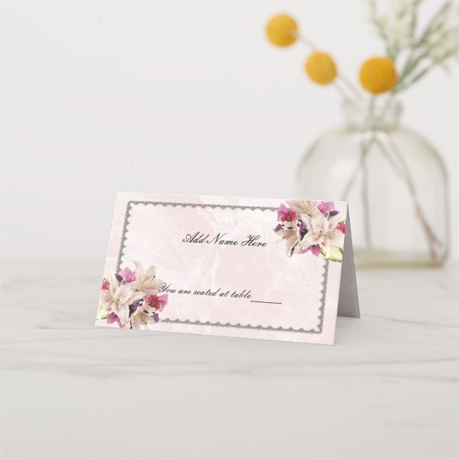 Lily Floral Pink Marble Wedding Folded Table Place Card (Front)