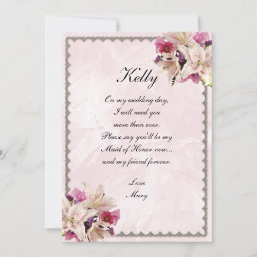 Lily Floral Pink Marble Wedding Maid Of Honor Invitation