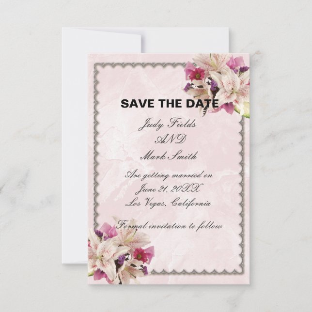 Lily Floral Pink Marble Wedding Save The Date RSVP Card (Front)