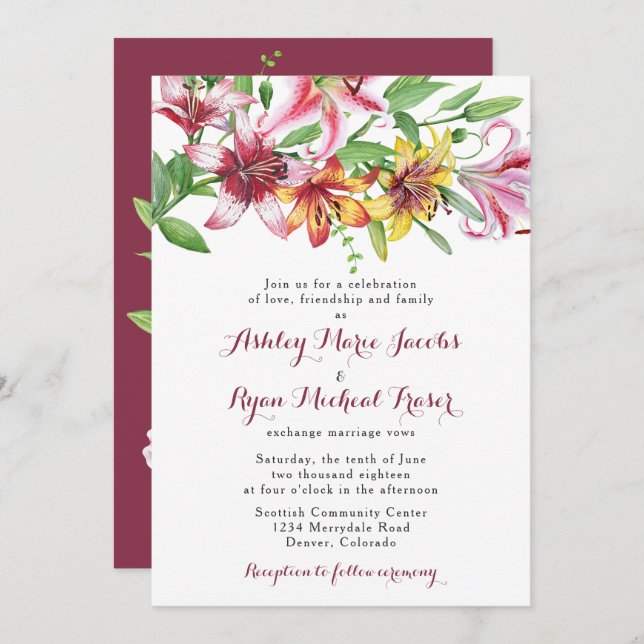 Lily Flower Bouquet Wedding Invitation (Front/Back)