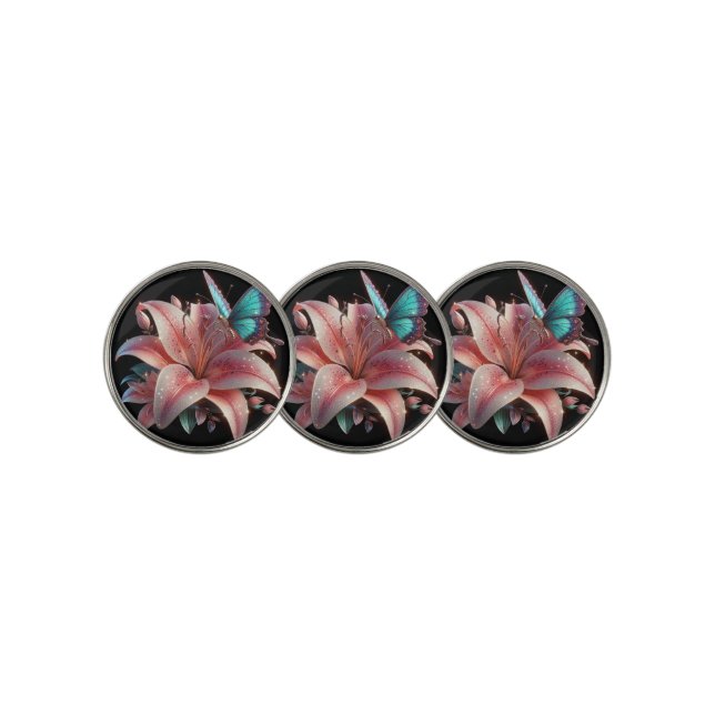 Lily Flower & Butterfly Golf Ball Marker (3 Up)