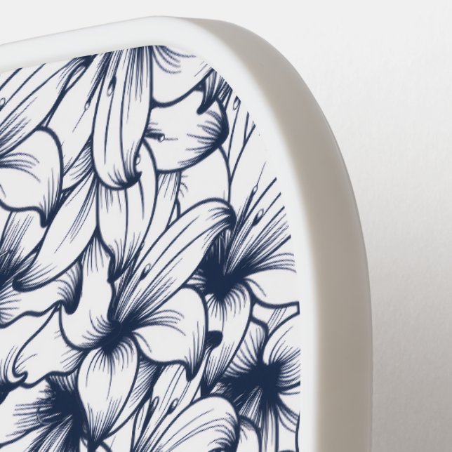 Lily Flower Ink Sketched Pattern Carbon Fiber Pickleball Paddle (Left Detail)