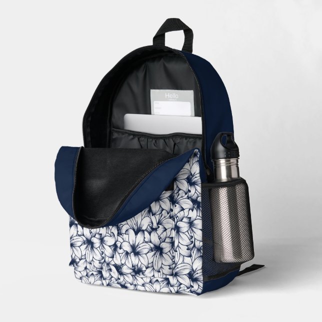 Lily Flower Ink Sketched Pattern Printed Backpack (Back Corner Right (Open))