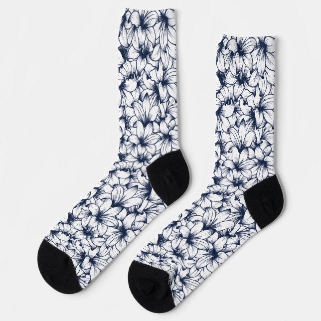 Lily Flower Ink Sketched Pattern Socks (Left)
