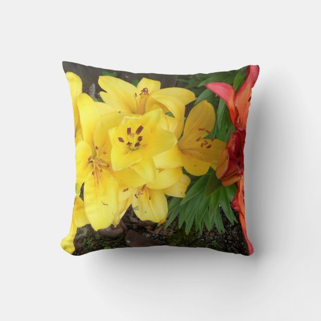 Lily Flower Red Green & Yellow Photo Designed Throw Pillow (Front)