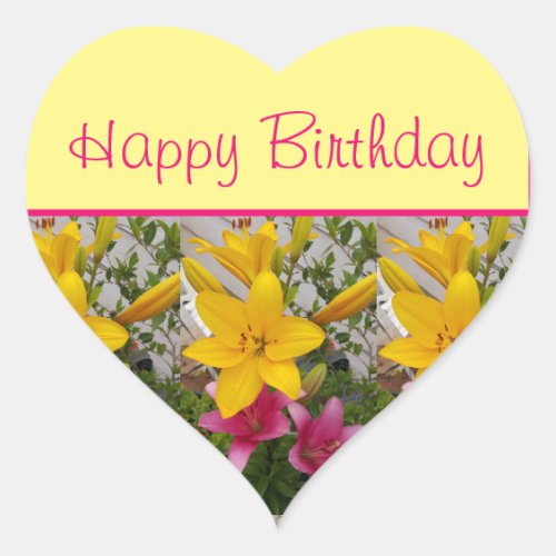 Lily Flower Red Yellow floral Happy Birthday  Heart Sticker