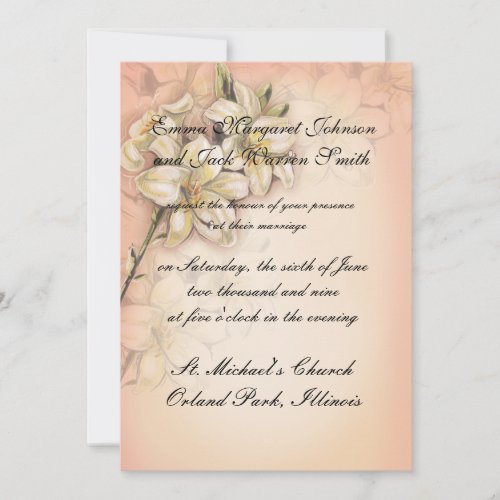 lily flowers art  design on peach wedding announcement