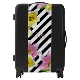 Lily Flowers Black and White Striped Pattern Luggage