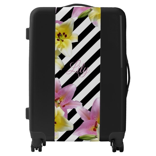 Lily Flowers Black and White Striped Pattern Luggage (Front)