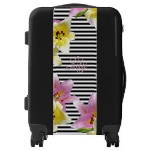 Lily Flowers Black and White Striped Pattern Luggage