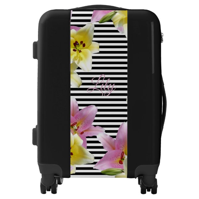 Lily Flowers Black and White Striped Pattern Luggage (Front)