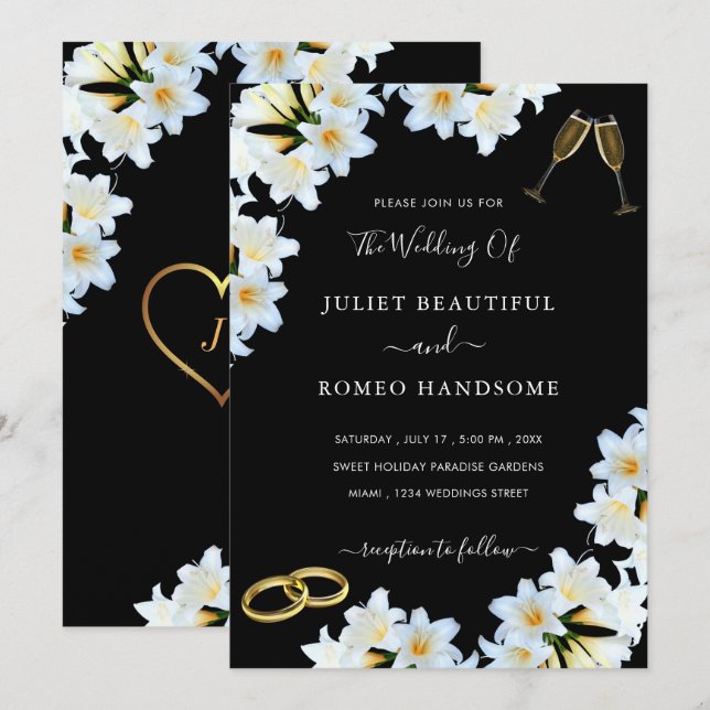 Lily Flowers Black White Modern Wedding Invitation (Front/Back)