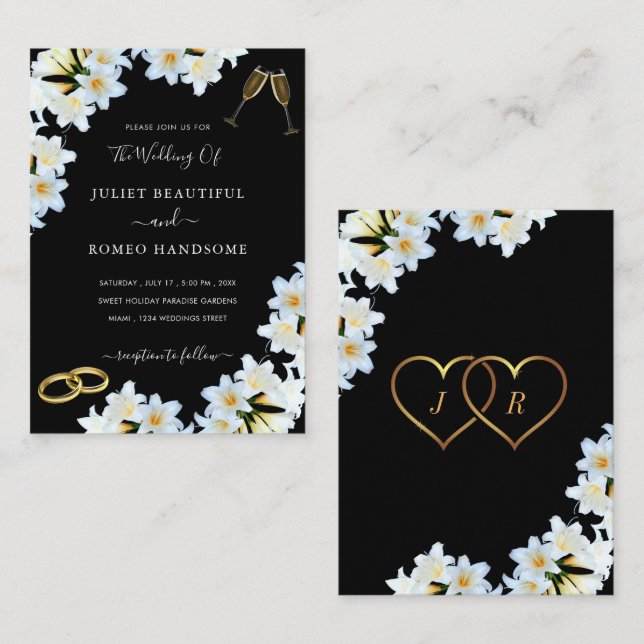 Lily Flowers Black White Modern Wedding Invitation (Front/Back)