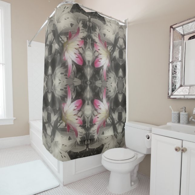 Lily Flowers Black White Partial Color Abstract Shower Curtain (In Situ)