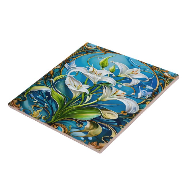 Lily Flowers in Ornate Floral Design Ceramic Tile (Side)