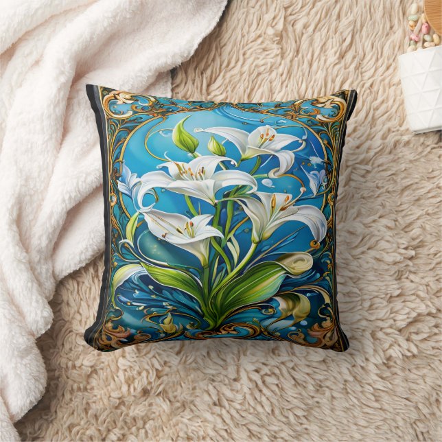 Lily Flowers in Ornate Floral Design Throw Pillow (Blanket)