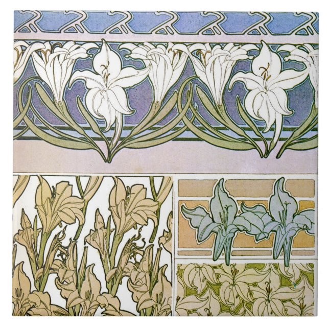 Lily Flowers of Art Nouveau Style, Mucha Ceramic Tile (Front)
