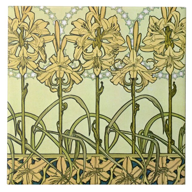 Lily Flowers of Art Nouveau Style, Mucha Ceramic Tile (Front)