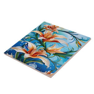 Lily Flowers on Blue Floral Background Ceramic Tile