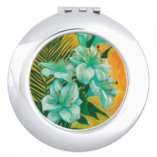 Lily Flowers Palm Leaf, Spring Floral Art Painting Makeup Mirror