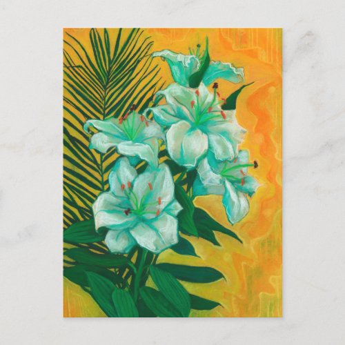 Lily Flowers Palm Leaf Spring Floral Art Painting Postcard