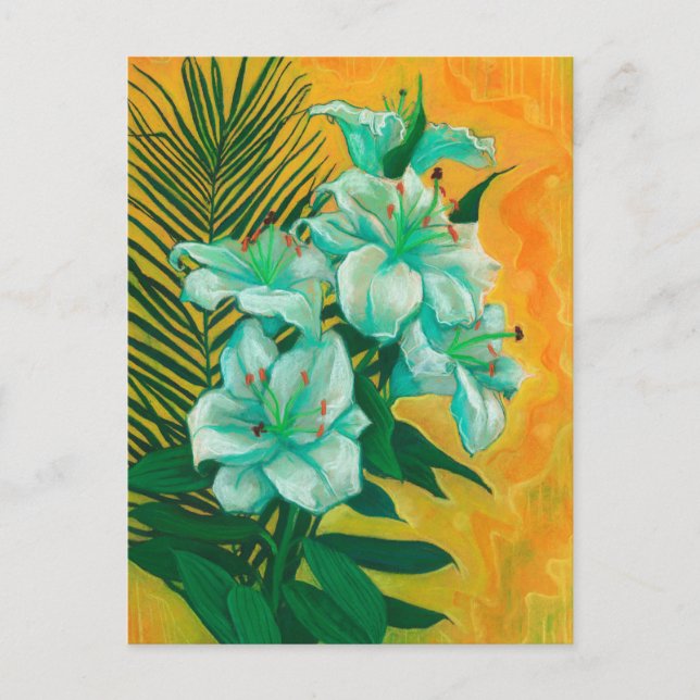 Lily Flowers Palm Leaf, Spring Floral Art Painting Postcard (Front)