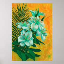 Lily Flowers Palm Leaf, Spring Floral Art Painting Poster