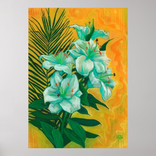 Lily Flowers Palm Leaf Spring Floral Art Painting Poster