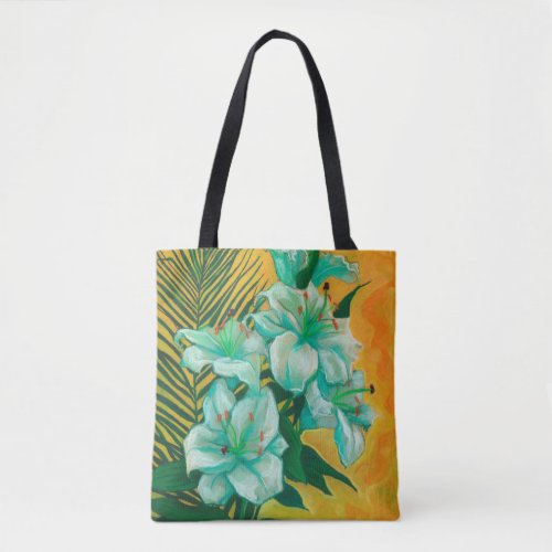 Lily Flowers Palm Leaf Spring Floral Art Painting Tote Bag