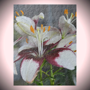 Lily Flowers White Maroon Botanical Photograpi Jigsaw Puzzle