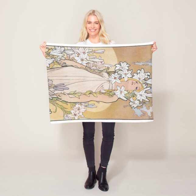 Lily (Four Flowers), Alphonse Mucha Fleece Blanket (In Situ)
