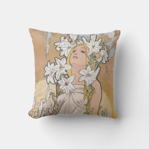 Lily (Four Flowers), Alphonse Mucha Throw Pillow