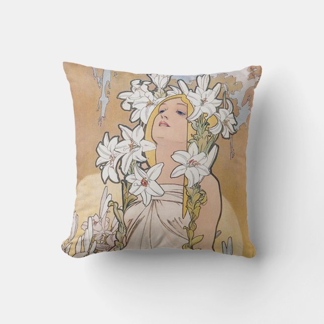 Lily (Four Flowers), Alphonse Mucha Throw Pillow (Front)