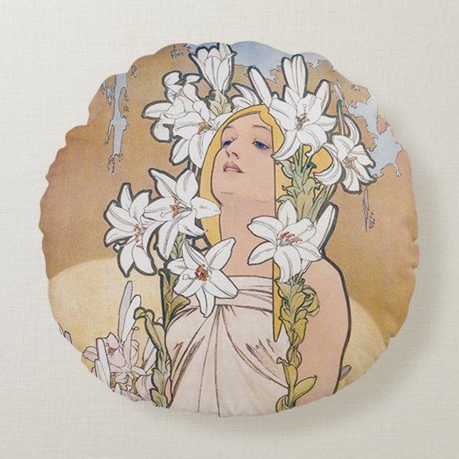 Lily (Four Flowers), Alphonse Mucha Throw Pillow (Front)