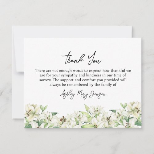 Lily Funeral Thank You Note Card Bereavement