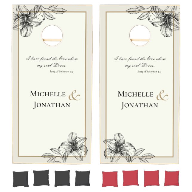 Lily Hand Drawn Simple Floral Wedding Bible Verse Cornhole Set (Set)