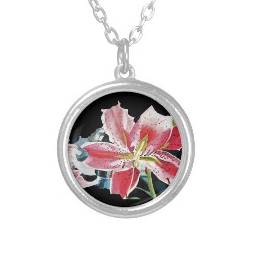Lily Lillies Watercolor flower Silver Necklace