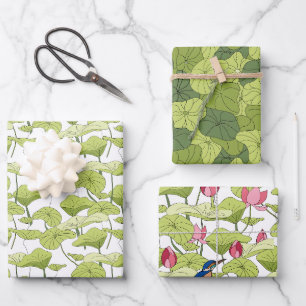 Lily lotus plants kingfisher green patterns wrapping paper sheets